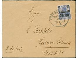 “DSP YANGTSE-LINIE a 12.1.07” (D. Mei-Dah) klar auf 10 C. auf 20 Pfg. auf Brief nach Leipzig. Der Umschlag mit Beförderungssp