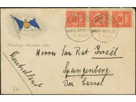 “DSP HAMBURG-AMERIKA LINIE 7.11.23” zweimal klar auf senkrechtem Dreierstreifen Korbdeckel 10 Mio. M. gezähnt auf Vordruckbri