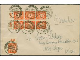 “SEEPOST DER FREIEN STADT DANZIG LINIE HAMBURG-SÜDAMERIKA 2.56.26” (D. Holm), mehrfach klar auf senkrechten 6er-Block mit Obe