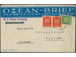 1926, “DSP HAMBURG-SÜD HAMBURG-SÜDAFRIKA 19.10.26 MONTE SARMIENTO M.-S. D-O." Flaggenstempel klar auf Adler 5 Pfg. und zwei E