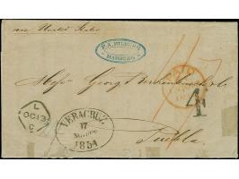 1854, kompletter Faltbrief mit Absenderstempel “P.A. MILBERG HAMBURG” nach London expediert. Ab dort befördert mit rotem EKr.