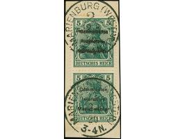 1920, Germania 5 Pfennig dunkelopalgrün, senkrechtes Paar, farbfrisch und gut gezähnt, die obere Marke mit doppeltem Aufdruck