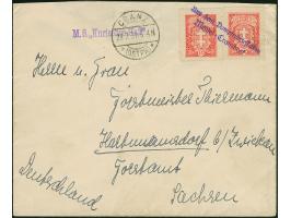 “Aus dem Dampferbriefkasten Memel-Cranzbeek” violetter L2 als Entwerter auf zwei Einzelmarken Litauen 15 C. rosa auf Brief mi