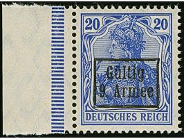 1918, Gültig 9. Armee, Germania 20 Pfennig hellblauviolett, Friedensdruck, linkes Seitenrandstück, farbfrisch und gut gezähnt