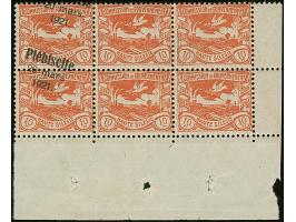 1921, Plebiscite 10 Pfennig dunkelrotorange, 6er-Block mit Unterrand und Teilzwischenstegansätzen rechts, nur die linken beid