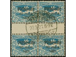 1921, Plebiscite 20 Pfennig kobaltblau, Viererblock mit zwei senkrechten Zwischenstegpaaren, farbfrisch und gut gezähnt, saub