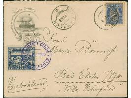 1900, “S.S. AUGUSTE VICTORIA SPITZBERGEN 16.JUL.1900” violetter EKr. sehr klar auf blauer Vignette “Eisbär” 20 Öre auf Brief 