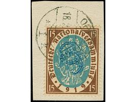 1920, Nationalversammlung 15 Pfennig siena/schwärzlichtürkisblau, mit klarem Doppelaufdruck, farbfrisch und bis auf einen win