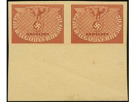 1940, Hoheitszeichen, Probedruck in dunkelbräunlichrot ohne Wertziffer auf gelblichem Papier, waagerechtes Unterrandpaar mit 