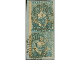 1852, Lithographed by Thomas Ham 3 d. blue, imperforate, 3rd State of the dies, a used vertical left marginal pair with ample