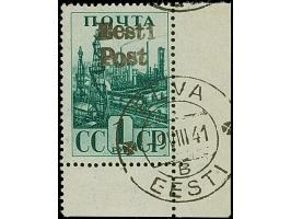 1941, Erdölbohrturm 1 Rubel schwärzlichgrün, rechte untere Bogenecke, farbfrisch und gut gezähnt, sauber gestempelt “ELVA -9.