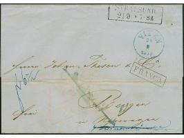 1854, “VÍKEN 24.0.1854” blauer EKr. klar auf Faltbriefhülle von “STRALSUND 21.9.” mit Ra1 “FRANCO.” via Hamburg nach Bergen m