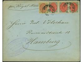 1873, 1 C. helklgrün/braunrot und waagerechtes Paar und Einzelmarke 3 C.blaugrau/rot mit kopfstehendem Rahmen je mit EKr. “ST