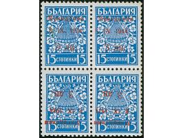 3 L. auf 15 St. mit Aufdruck in Type I und II im Viererblock mit zwei waagerechten Typenpaaren, dabei die beiden unteren Mark