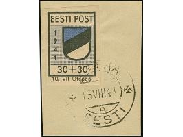 1941, Wappenschild 30 Kopeken, geschnitten, Type II, sauber mit Stempel “OTEPÄÄ 15 VIII 41” auf Briefstück, tadellos, sign. K
