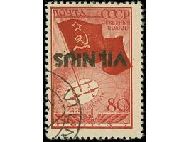1941, Nordpol 80 Kopeken karmin, mit kopfstehendem Aufdruck mit Aufdruckfehler “weiter Abstand zwischen L und N in VILNIUS”, 
