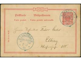 1890, Ganzsachenkarte Krone/Adler 10 Pfg. mit blauem Stempel “ZANZIBAR KDPAG 2.10.90” als Entwerter und 2. Abschlag unten sow