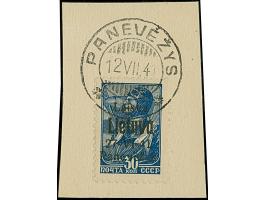 1941, Maschinenaufdrucke 5-60 Kopeken, kompletter Satz mit allen Aufdruckfarben, je sauber mit Stempel auf Briefstück, 30 Kop