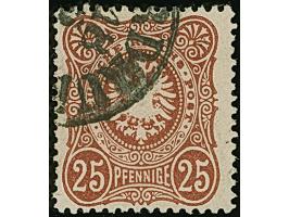 25 Pfge karminbraun mit Plattenfehler “Kratzer durch PFENNIGE”, besonders farbfrische Marke, sauber gestempelt und bis auf ei