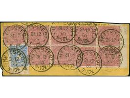 2 M. lebhaftrosalila mit Plattenfehler “dicker weißer Strich über O in POST” im Viererblock mit Normalmarken, im waagerechten