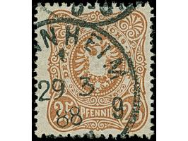 25 Pfg. gelblichbraun mit klarem EKr. “(MAN)NHEIM 1 *g 29.3.88”, die farbfrische Marke hat einen unauffälligen, bildseitig ni