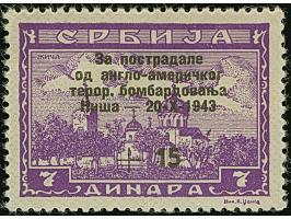 1943, Bombengeschädigte in Nis &nbsp;7+15 Dinar, Fehlfarbe dunkelpurpurviolett, postfrisch, gering geknittert, sonst tadellos