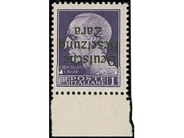 1 Lire schwärzlichgrauviolett, Unterrandstück mit kopfstehendem Aufdruck mit Aufdruckfehler “n in Besetzung diagonal gebroche