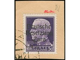 50 Lire schwärzlichgrauviolett, farbfrisch und gut gezähnt, sauber mit Teil-Ersttagsstempel “ZARA /ARRIVE E PARTENZE -9.10.43