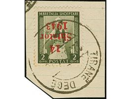1943, 2 Qind schwärzlichbräunlicholiv, mit kopfstehendem Aufdruck, sauber mit Stempel “TIRANE DEGE 22-.5.44” auf Briefstück, 