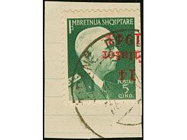 1943, 5 Qind schwärzlichgrün, mit kopfstehendem Aufdruck, sauber mit Stempel “TIRANE DEGE 22-.5.44” auf Briefstück, tadellos,