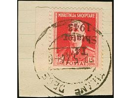 1943, 15 Qind dunkelrosa, linkes Seitenrandstück mit kopfstehendem Aufdruck, sauber mit Stempel “TIRANE DEGE 22-.5.44” auf Br