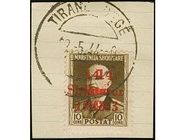 1943, 10 Qind schwärzlichorangebraun, mit doppeltem Aufdruck, sauber mit Stempel “TIRANE DEGE 22-.5.44” auf Briefstück, tadel