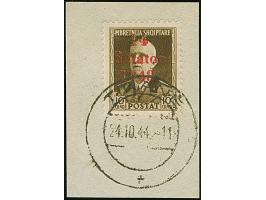 10 Qind schwärzlichorangebraun, mit Setzfehler “1948" statt 1943”, sauber mit Stempel “TIRANE 24.10.44” auf Briefstück, tadel