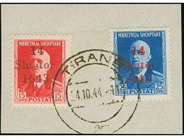 15 Qind dunkelrosarot und 25 Qind dunkelultramarin, je mit Setzfehler “1643" statt 1943”, sauber mit Stempel “TIRANE 24.10.44