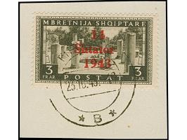 1943, 1 Qind auf 3 Qind - 3 Frank, kompletter gestempelter Satz, bis auf die Eilmarke je auf Briefstück mit klarem Stempel “T