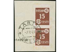 1941, Landespost 15 Kopeken rötlichbraun, ungezähnter Probedruck auf Kreidepapier, senkrechtes Paar, sauber gestempelt “TARTU