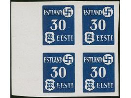 1941, Landespost 30 Kopeken schwarzultramarin, ungezähnter Probedruck auf Kreidepapier, Randviererblock, ohne Gummi wie verau