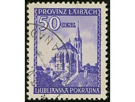 1945, Ansichten aus Slowenien Kapitelkirche in Rudolfswert 50 Centesimi dunkelviolett, mit Plattenfehler “Schattenbild des Ki