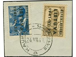 1941, Nepriklausoma 30 Kopeken violettultramarin und 50 Kopeken braun, je mit kopfstehendem Aufdruck, sauber mit Stempel “KAU