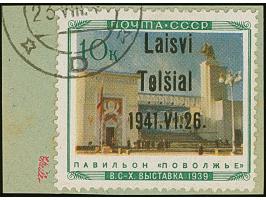 1941, Pavillon Wolgagebiet 10 Kopeken, mit Aufdruckfehler “Telsial statt Telsiai”, sauber mit Teilstempel “(TELSIAI) 23.VIII.