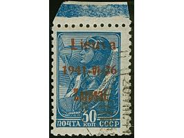 1941, 30 Kopeken violettultramarin, mit braunrotem Aufdruck mit Aufdruckfehler “Lieuva statt Lietuva”, Oberrandstück, sauber 