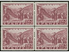 1941, Semendria 1,50+3 Dinar schwärzlichgraulila, gez. L12½, Viererblock, die linke untere Marke mit Abart “große weiße Stell