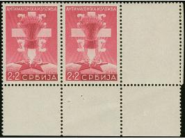 1942, Anti-Freimaurer-Ausstellung 2+2 Dinar rosakarmin, waagerechtes Paar aus der rechten unteren Bogenecke, rechts mit kompl