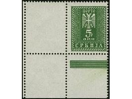 1942, Serbischer Doppeladler 5 Dinar schwarzgelblichgrün, aus der linken unteren Bogenecke mit vollständig gezähnten Leerfeld