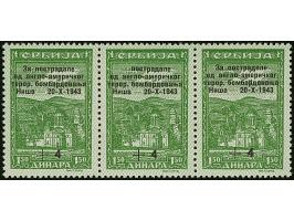 1941, Bombengeschädigte in Nis 1,50+4 Dinar grün, waagerechter Dreierstreifen, die mittlere Marke &nbsp;mit Aufdruckabart “er