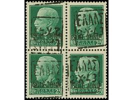 1943, 25 &nbsp;Centesimi schwarzgrün, Viererblock, die linke obere Marke mit kopfstehendem Aufdruck, die drei weiteren mit no