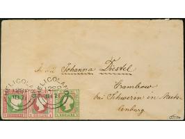 1867, 1 Schilling rosakarmin/dunkelgrün, 2 Schilling lilakarmin/dunkelgelblichgrün und 1869 ½ Schilling grünoliv/karminrot, f