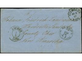 "RIEMSLOH 30 8 67", Grotesk-EKr. auf unbezahltem Briefkuvert mit nebengesetztem DKr. "AACHEN 5cts 1 9" nach Ohio, USA, mit Ei