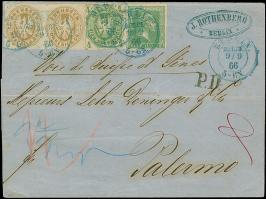 4 Pfg. grün, farbfrisch und voll- bis breitrandig, in wertstufengleicher Mischfrankatur mit Wappen 4 Pfennig grün und waagere