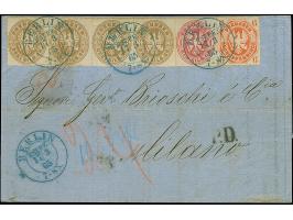 3 Sgr. ocker, waagerechter 3er-Streifen und Einzelstück, mit 1 Sgr. karmin und 6 Pfg. orange, mit sauber auf- und nebengesetz